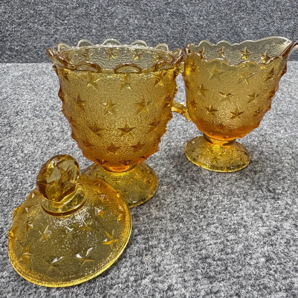 Vintage Amber Glass Sugar and Creamer Set Star Pattern Gold MCM Retro Decor